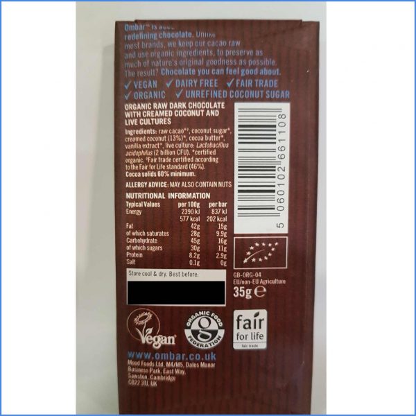 OMBAR Coconut 60% RAW organic Chocolate Ingredients